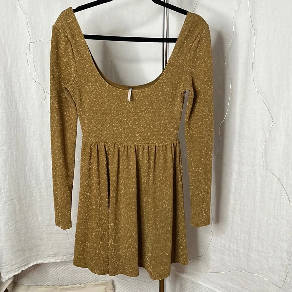 Free People Day & Night Gold Metallic Long Sleeve Babydoll Mini Dress Women’s S - Picture 2 of 12